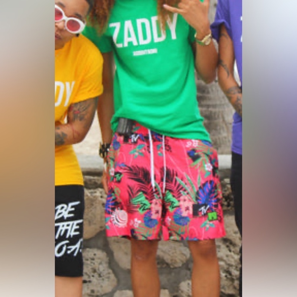 MTV Mens Swim Trunks Shorts Hawaiian Tropical Pink Lined Drawstring